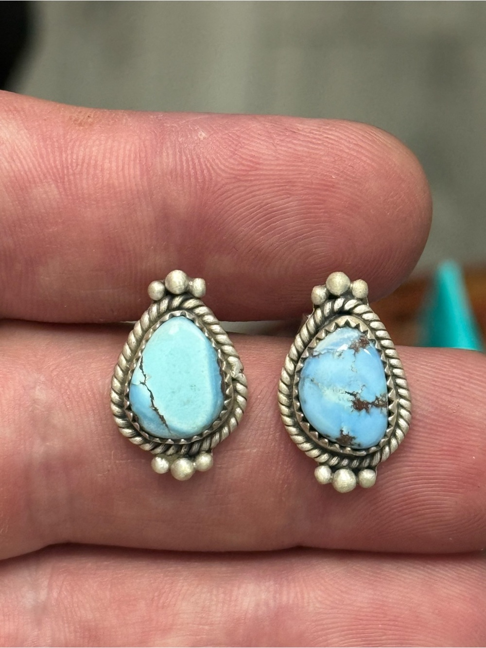 STERLING SILVER GOLDEN HILLS TURQUOISE TWIST BALL BEADED STUD EARRINGS .925 - Picture 5 of 13